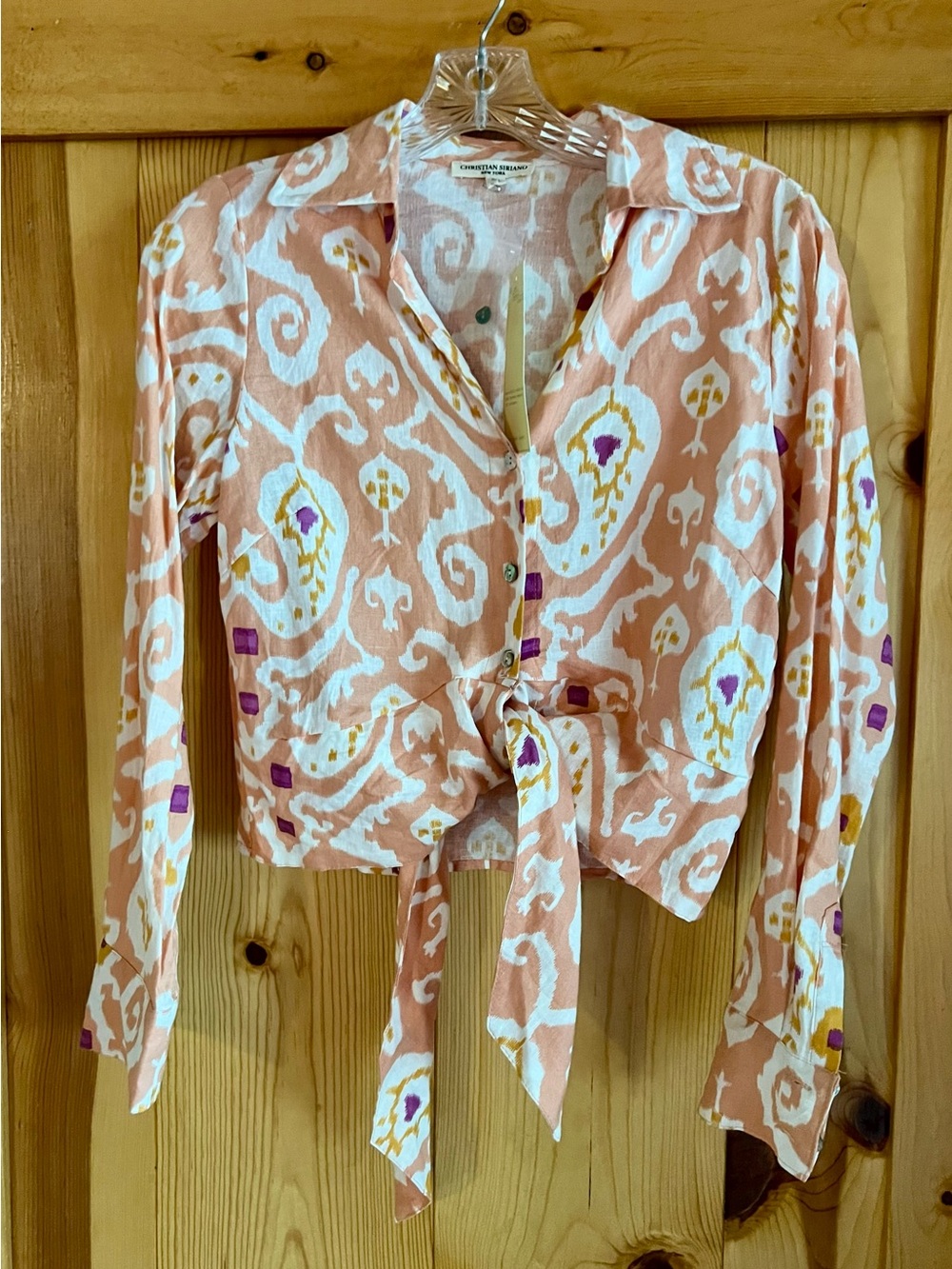 Christian Siriano Peach Printed Tie-Front Button Down Top